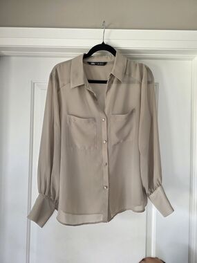 Zara Beige Semi-Sheer Button Front Blouse